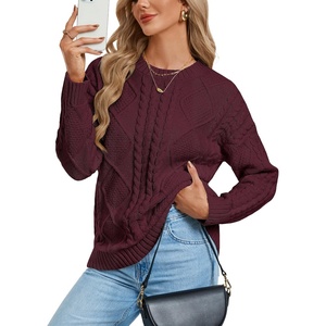 GRACE KARIN Cable Knit Sweater Women Crewneck Pullover Tops(Burgundy)