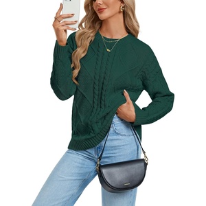 GRACE KARIN Cable Knit Sweater Women Crewneck Pullover Tops(Dark Green)