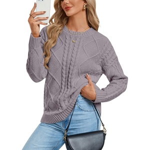 GRACE KARIN Cable Knit Sweater Women Crewneck Pullover Tops(Gray Purple)