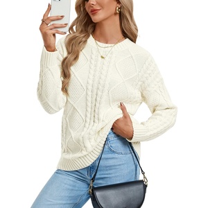 GRACE KARIN Cable Knit Sweater Women Crewneck Pullover Tops(Ivory White)