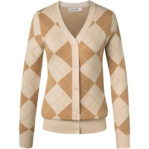 GRACE KARIN Cardigan Sweaters for Women Fall Argyle Sweater Preppy Clothes(Apricot Ivory)