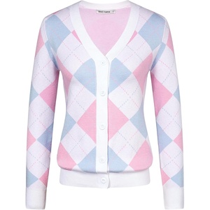 GRACE KARIN Cardigan Sweaters for Women Fall Argyle Sweater Preppy Clothes(Light Blue Pink)