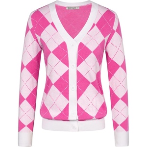 GRACE KARIN Cardigan Sweaters for Women Fall Argyle Sweater Preppy Clothes(Pink White)