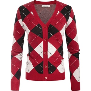 GRACE KARIN Cardigan Sweaters for Women Fall Argyle Sweater Preppy Clothes(Plaid Deep Red)