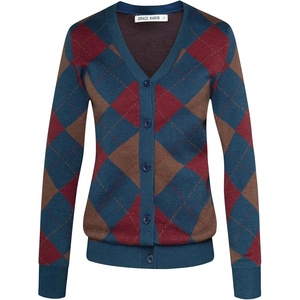 GRACE KARIN Cardigan Sweaters for Women Fall Argyle Sweater Preppy Clothes(Red Blue Coffee)