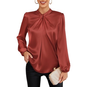 GRACE KARIN Women Business Casual Long Sleeve Satin Blouse(Brick Red)