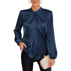 GRACE KARIN Women Business Casual Long Sleeve Satin Blouse(Navy Blue)