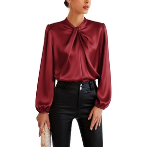GRACE KARIN Women Business Casual Long Sleeve Satin Blouse(Wine Red)