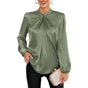 GRACE KARIN Women Business Casual Long Sleeve Satin Blouse(Yellow Green)