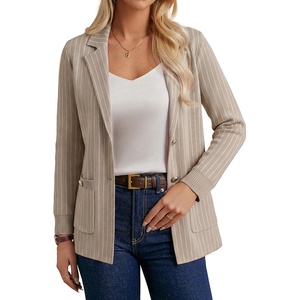 GRACE KARIN Women Sweater Blazers Business Casual Long Sleeve Work Cardigan Open Front Lapel Suit Jackets with Pockets(Khaki Striped)