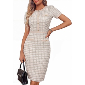 GRACE KARIN Women Work Business Short Sleeve Bodycon Tweed Dress(Apricot)