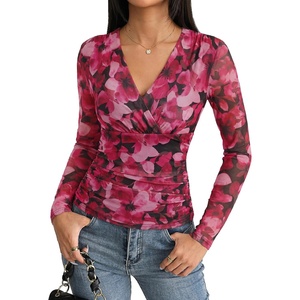 GRACE KARIN Womens Boho Mesh Tops Long Sleeve Blouses Dressy Casual(Red Rose)
