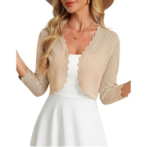 GRACE KARIN Womens Bolero Shrug 3/4 Sleeve Crochet Cropped Cardigan Open Front Knit Shrugs for Dresses(Apricot)