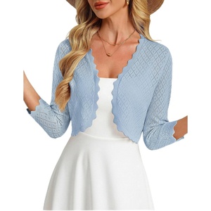 GRACE KARIN Womens Bolero Shrug 3/4 Sleeve Crochet Cropped Cardigan Open Front Knit Shrugs for Dresses(Light Blue)