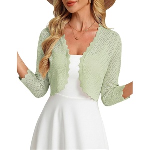 GRACE KARIN Womens Bolero Shrug 3/4 Sleeve Crochet Cropped Cardigan Open Front Knit Shrugs for Dresses(Light Green)
