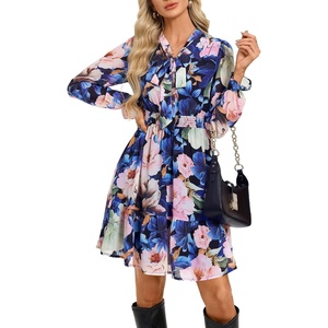 GRACE KARIN Women’s Casual Long Sleeve Chiffon Floral Mini Fall Dresses(Blue Pink)