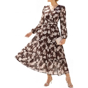 GRACE KARIN Women’s Floral Maxi Dress Long Sleeve Wedding Guest Dresses(Brown With White Ombre Flowers)