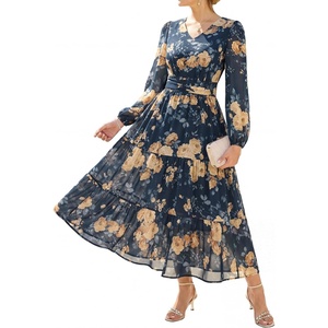 GRACE KARIN Women’s Floral Maxi Dress Long Sleeve Wedding Guest Dresses(Dark Blue With Yellow Flowers)