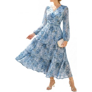 GRACE KARIN Women’s Floral Maxi Dress Long Sleeve Wedding Guest Dresses(Gray-blue With Blue White Flower)