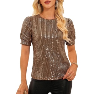 GRACE KARIN Womens Full Sequin Tops Sparkle Glitter Blouses Lantern Short Sleeve Shirts Dressy Party Concert Outfits(Brown)