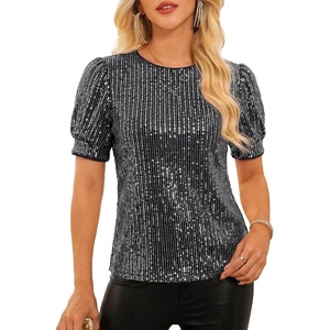 GRACE KARIN Womens Full Sequin Tops Sparkle Glitter Blouses Lantern Short Sleeve Shirts Dressy Party Concert Outfits(Dark Gray)