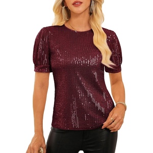 GRACE KARIN Womens Full Sequin Tops Sparkle Glitter Blouses Lantern Short Sleeve Shirts Dressy Party Concert Outfits(Wine)