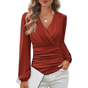 GRACE KARIN Womens Long Sleeve Tops Dressy Casual Wrap Fall Blouses(Caramel)