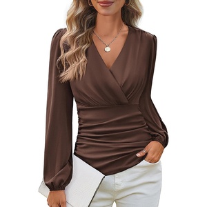 GRACE KARIN Womens Long Sleeve Tops Dressy Casual Wrap Fall Blouses(Coffee)