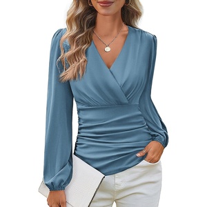 GRACE KARIN Womens Long Sleeve Tops Dressy Casual Wrap Fall Blouses(Haze Blue)