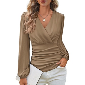 GRACE KARIN Womens Long Sleeve Tops Dressy Casual Wrap Fall Blouses(Khaki)