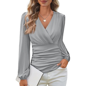 GRACE KARIN Womens Long Sleeve Tops Dressy Casual Wrap Fall Blouses(Light Grey)