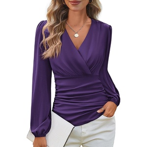 GRACE KARIN Womens Long Sleeve Tops Dressy Casual Wrap Fall Blouses(Purple)