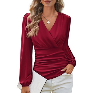 GRACE KARIN Womens Long Sleeve Tops Dressy Casual Wrap Fall Blouses(Wine Red)