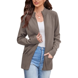 GRACE KARIN Womens Long Sleeve Zip Up Knit Cardigan with Pockets Stand Collar Full Zip Sweater Coats Trendy Fall Jackets(Grey Khaki)