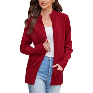 GRACE KARIN Womens Long Sleeve Zip Up Knit Cardigan with Pockets Stand Collar Full Zip Sweater Coats Trendy Fall Jackets(Red)