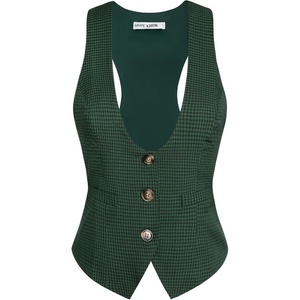 GRACE KARIN Women’s Suit Vest Top, Dressy Casual Sleeveless Button Waistcoat, Fromal Steampunk Blazer for Work Office(Green Plaid)