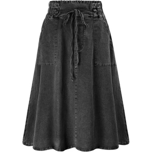 KANCY KOLE Women Casual Denim Skirts Frill Tie Waist A-Line Midi Jean Skirt with Pockets S-XXL(Black)