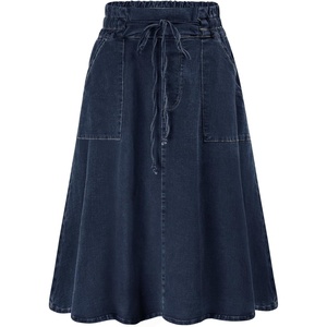 KANCY KOLE Women Casual Denim Skirts Frill Tie Waist A-Line Midi Jean Skirt with Pockets S-XXL(Dark Blue)