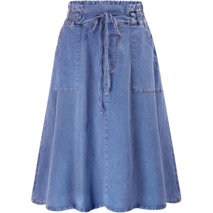 KANCY KOLE Women Casual Denim Skirts Frill Tie Waist A-Line Midi Jean Skirt with Pockets S-XXL(Light Blue)