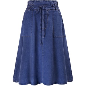 KANCY KOLE Women Casual Denim Skirts Frill Tie Waist A-Line Midi Jean Skirt with Pockets S-XXL(Medium Blue)