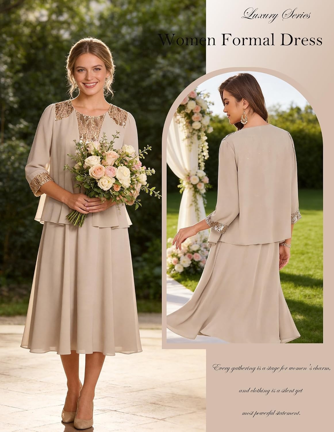 image:imageGRACE KARIN Formal Wedding Guest Dress Sequin Mother of The Bride DressesChampagne
