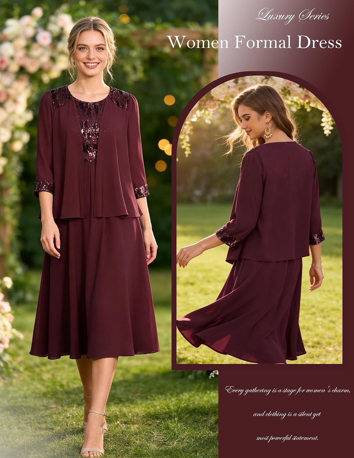 image:imageGRACE KARIN Formal Wedding Guest Dress Sequin Mother of The Bride DressesDark Red