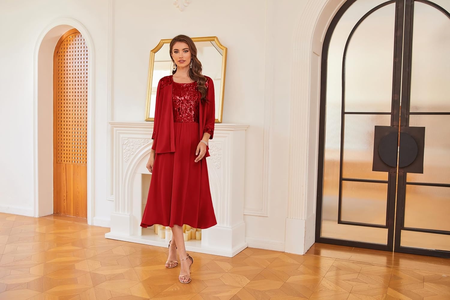 image:imageGRACE KARIN Formal Wedding Guest Dress Sequin Mother of The Bride DressesFiery Red