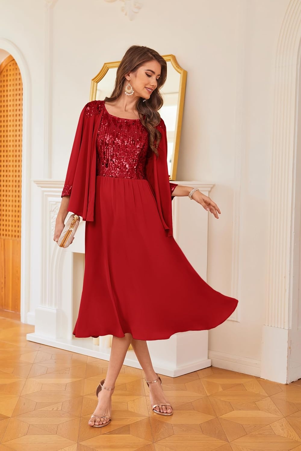 image:imageGRACE KARIN Formal Wedding Guest Dress Sequin Mother of The Bride DressesFiery Red