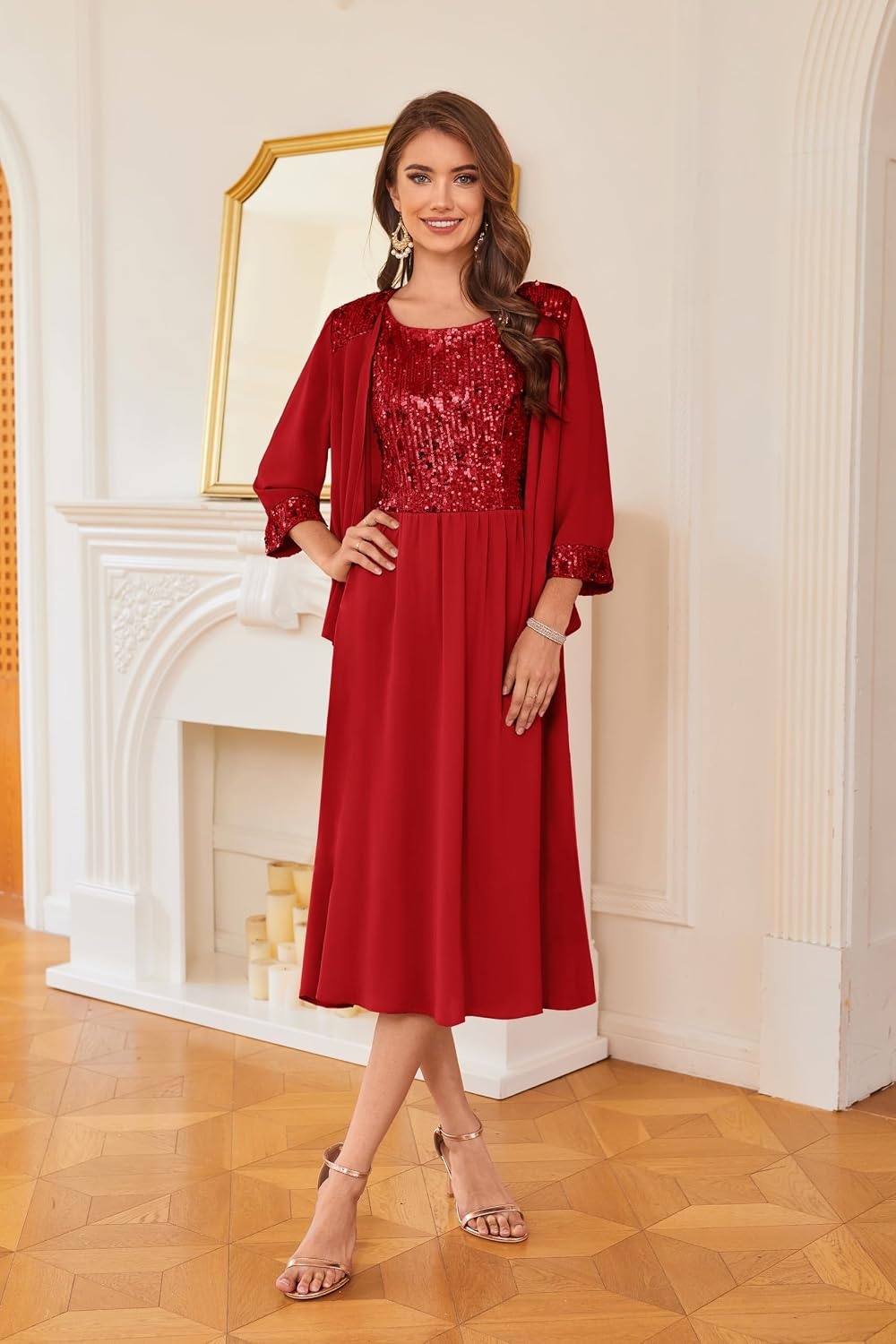 image:imageGRACE KARIN Formal Wedding Guest Dress Sequin Mother of The Bride DressesFiery Red
