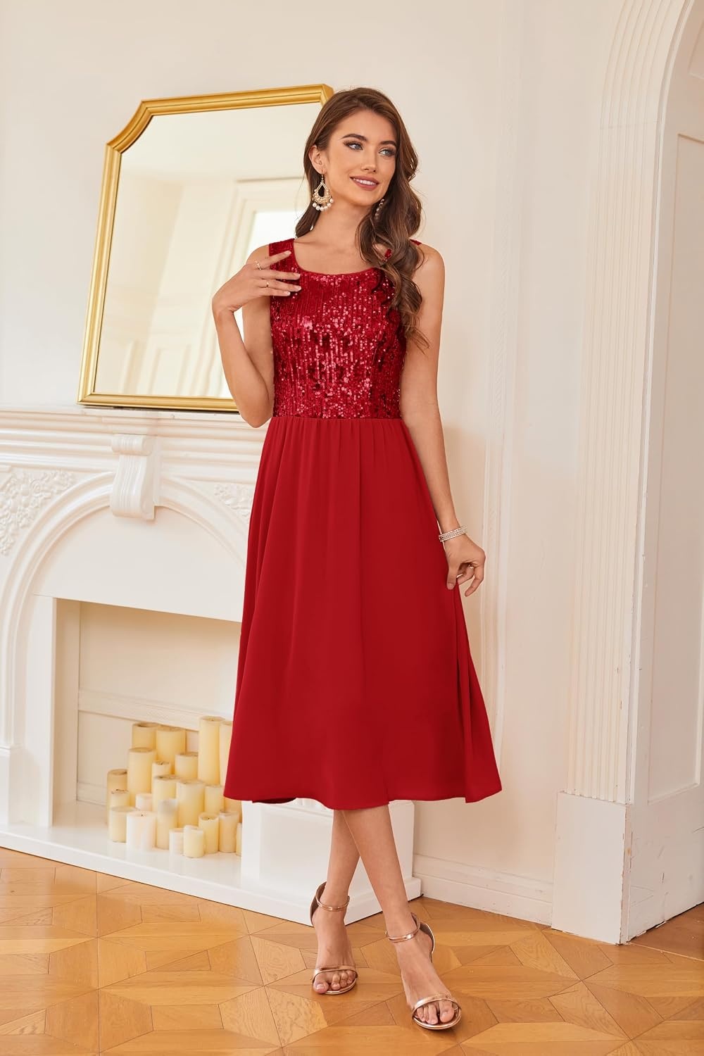 image:imageGRACE KARIN Formal Wedding Guest Dress Sequin Mother of The Bride DressesFiery Red