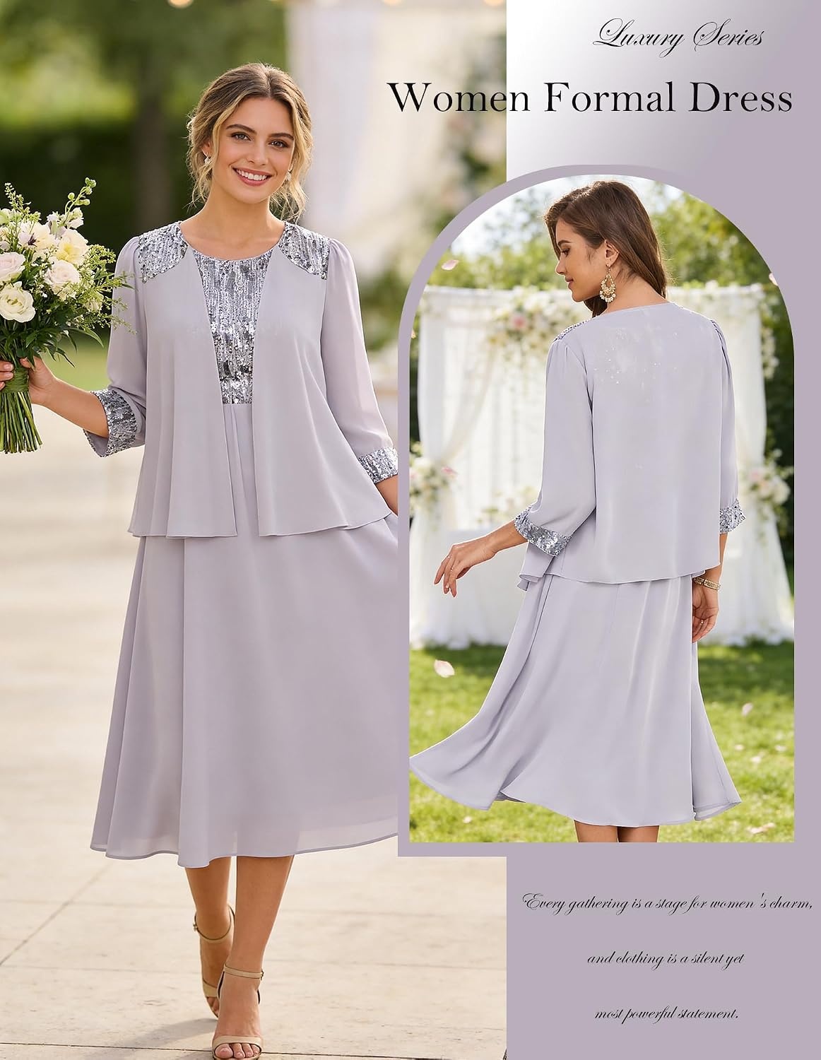 image:imageGRACE KARIN Formal Wedding Guest Dress Sequin Mother of The Bride DressesLight Gray Purple