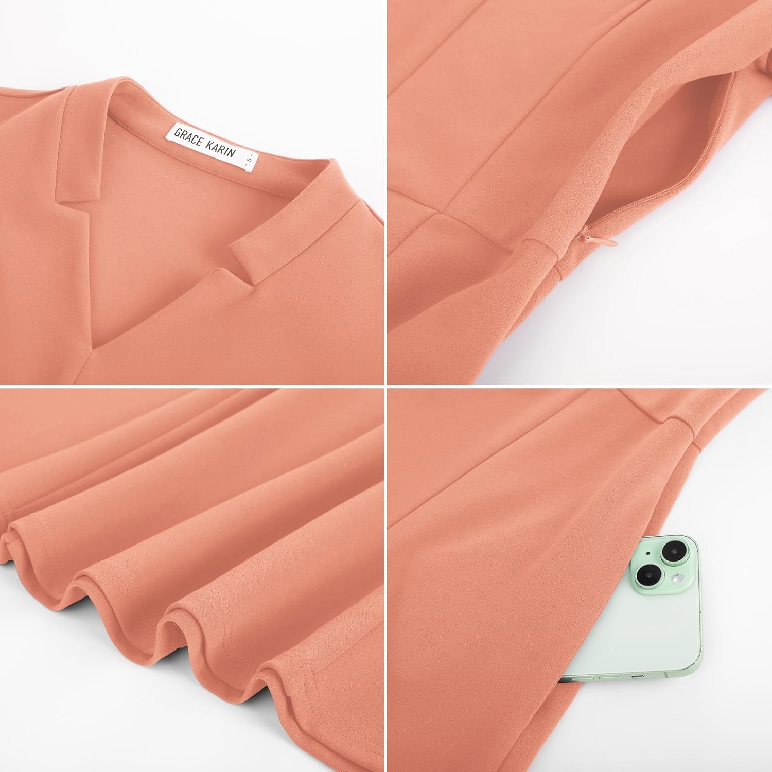 image:imageGRACE KARIN Women 34 Sleeve Work Church Dress with PocketCoral Pink