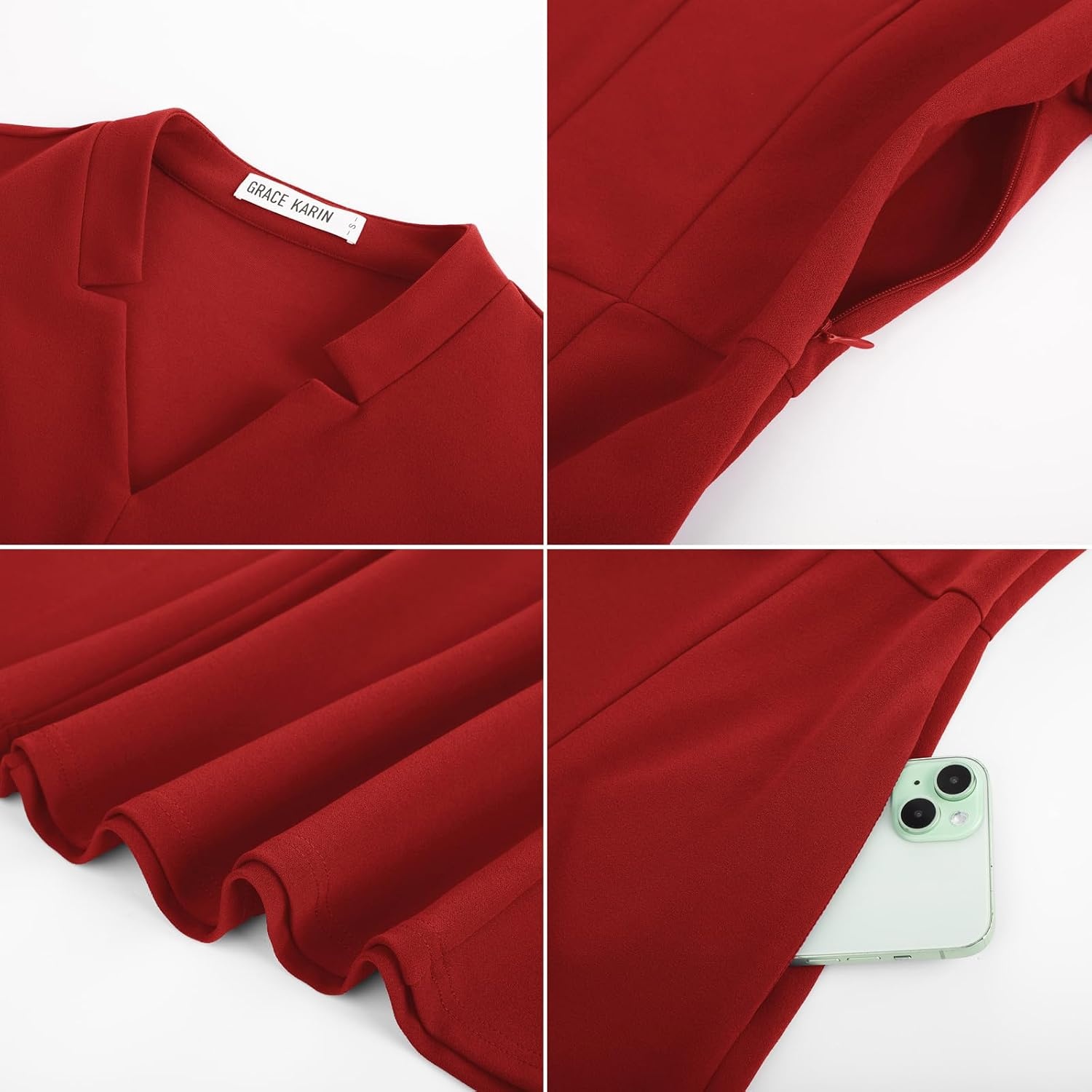 image:imageGRACE KARIN Women 34 Sleeve Work Church Dress with PocketFiery Red