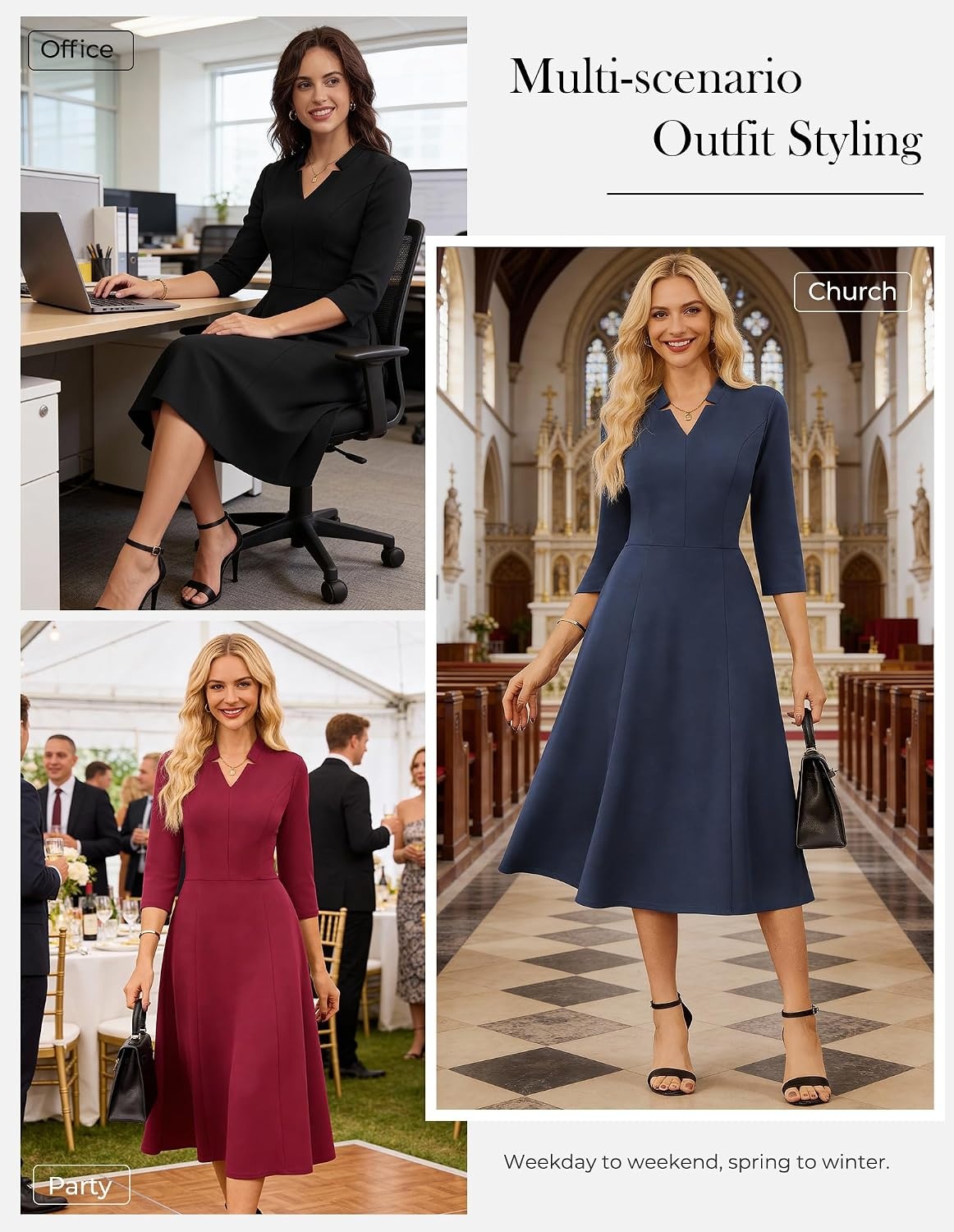 image:imageGRACE KARIN Women 34 Sleeve Work Church Dress with PocketGray Blue